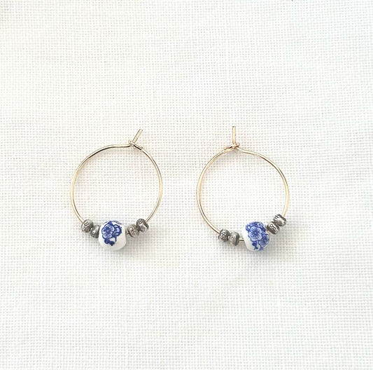 Hoops with silver and porcelain beads