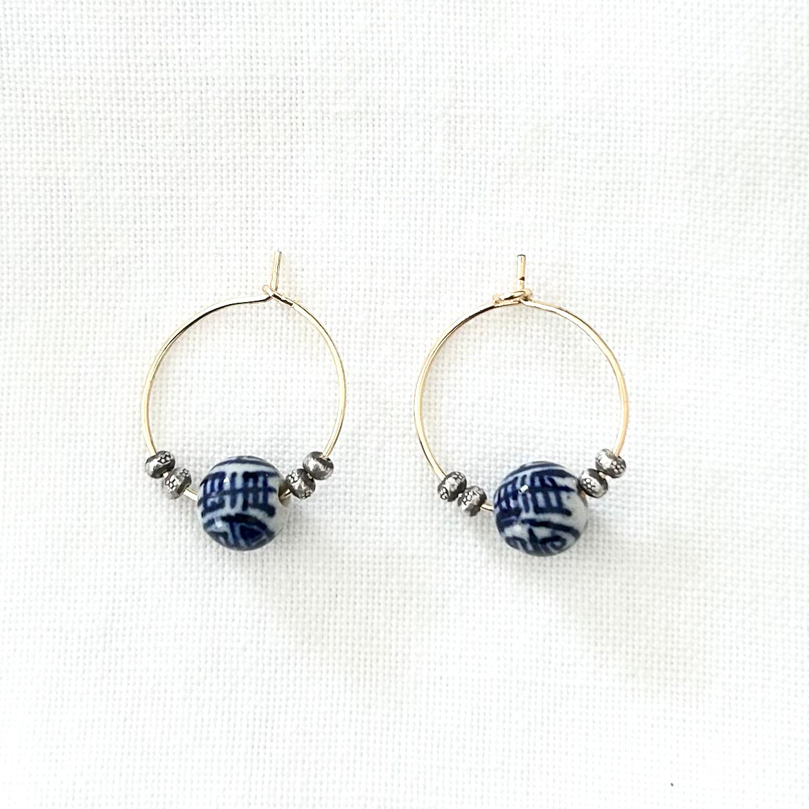 Hoops with silver and porcelain beads