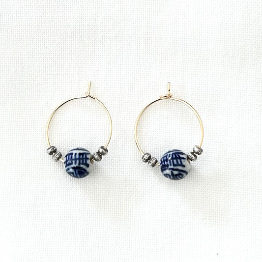 Hoops with silver and porcelain beads